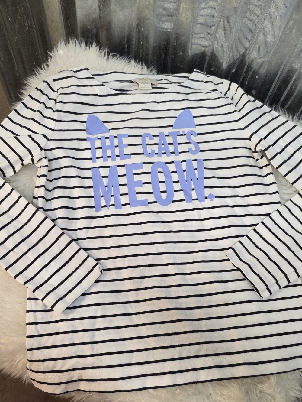Kate Spade Striped Long-Sleeve Tee with Purple 'THE CAT'S MEOW' Graphic